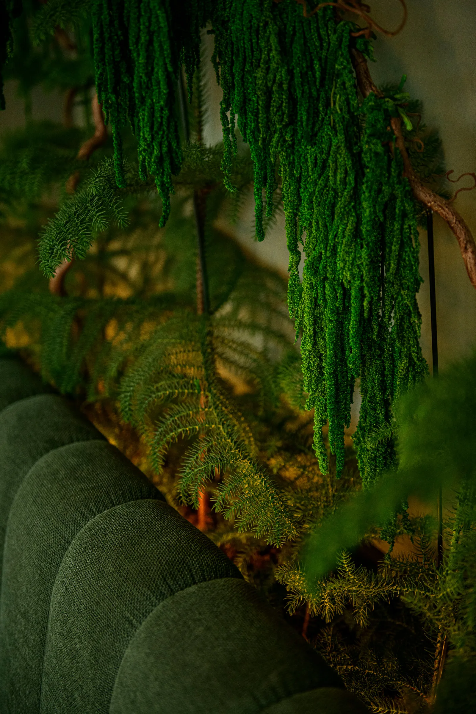 Green velvet banquette beneath cascading hanging plants