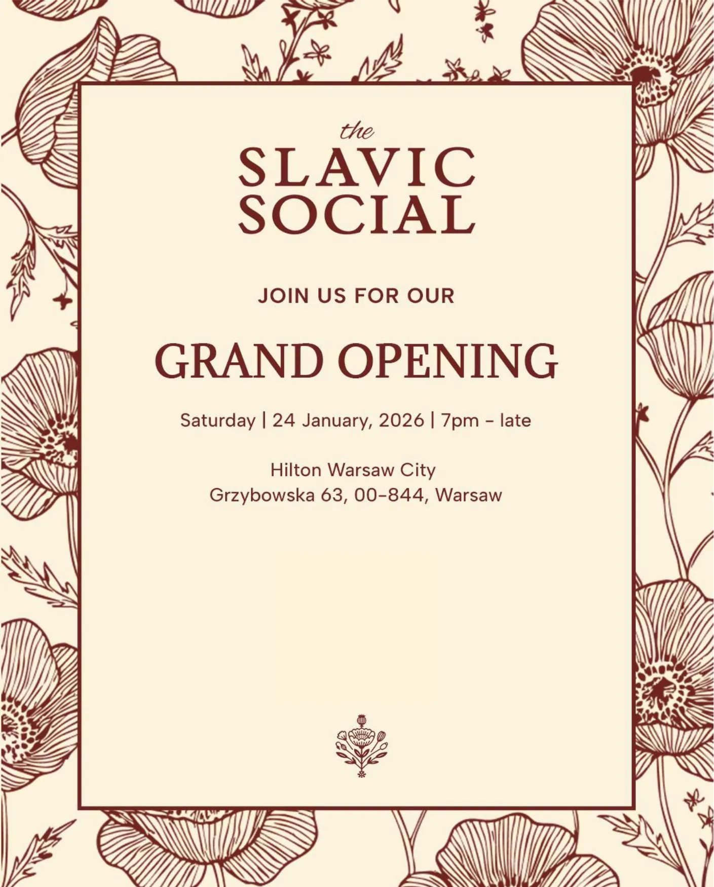 Invitation: join us for our Grand Opening, Saturday 24 January 2026, from 7 pm until late, Hilton Warsaw City