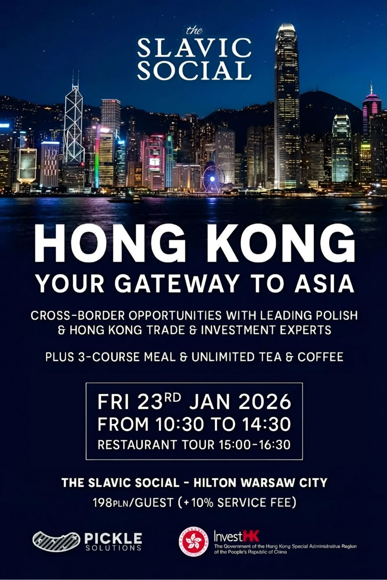 Poster: “Hong Kong: Your Gateway to Asia”, Friday 23 January 2026, 10:30–14:30, with the Hong Kong skyline at night
