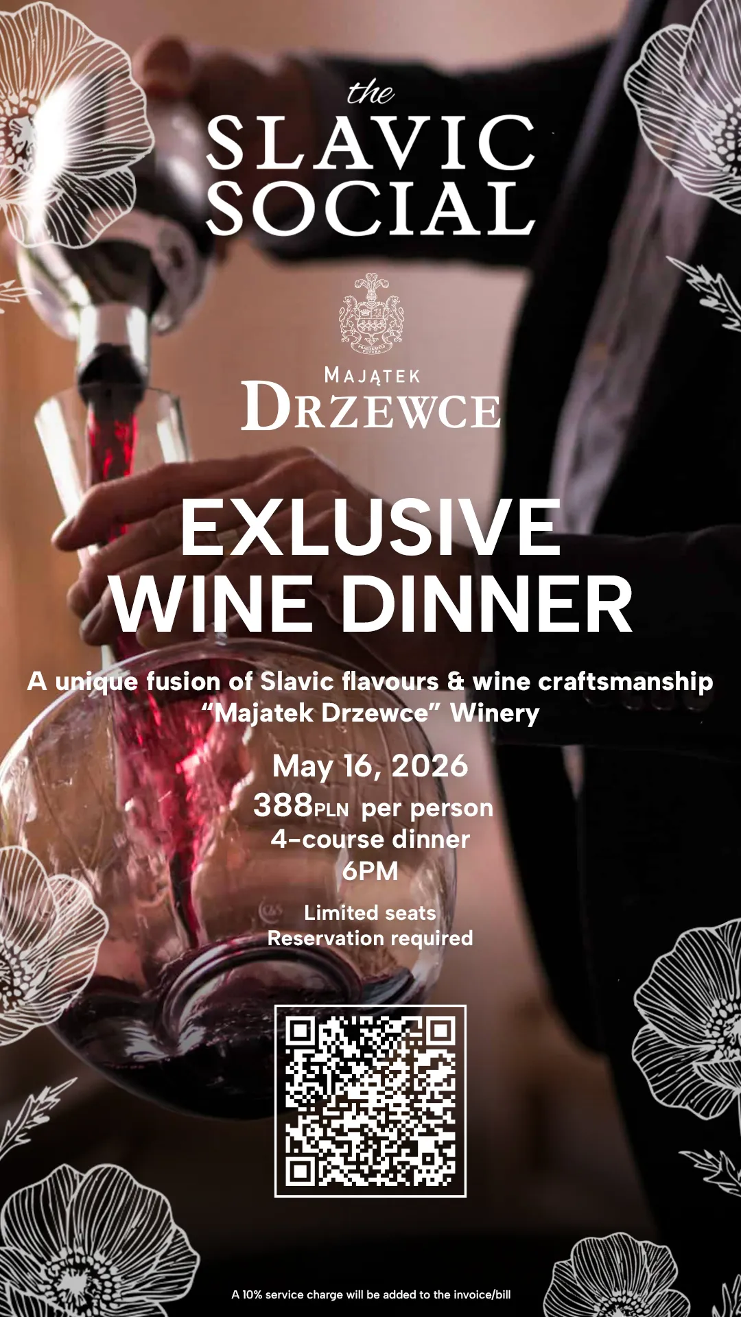 Poster: Exclusive Wine Dinner with Majątek Drzewce winery, 16 May 2026, 6 pm, 388 PLN per person